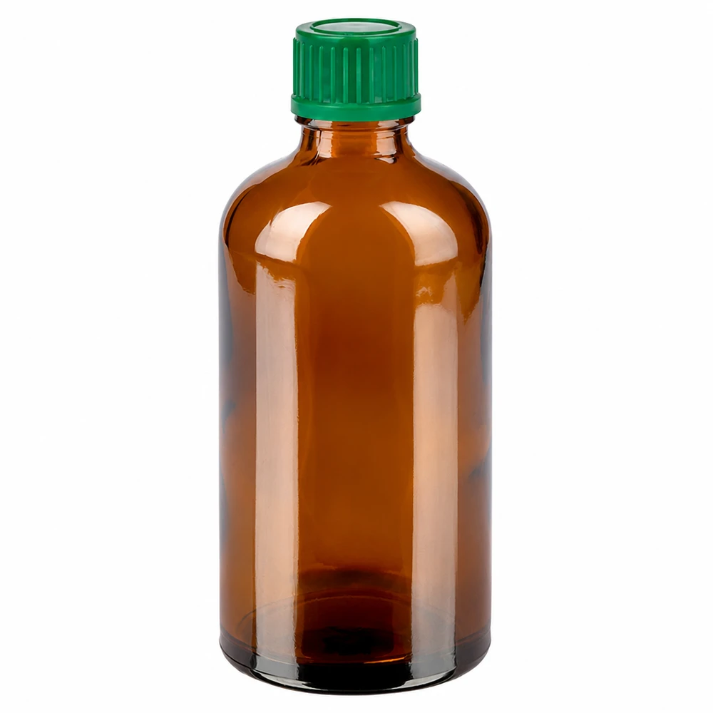 Frasco de vidrio ámbar de 100 ml con tapón de rosca verde para aplicaciones farmacéuticas