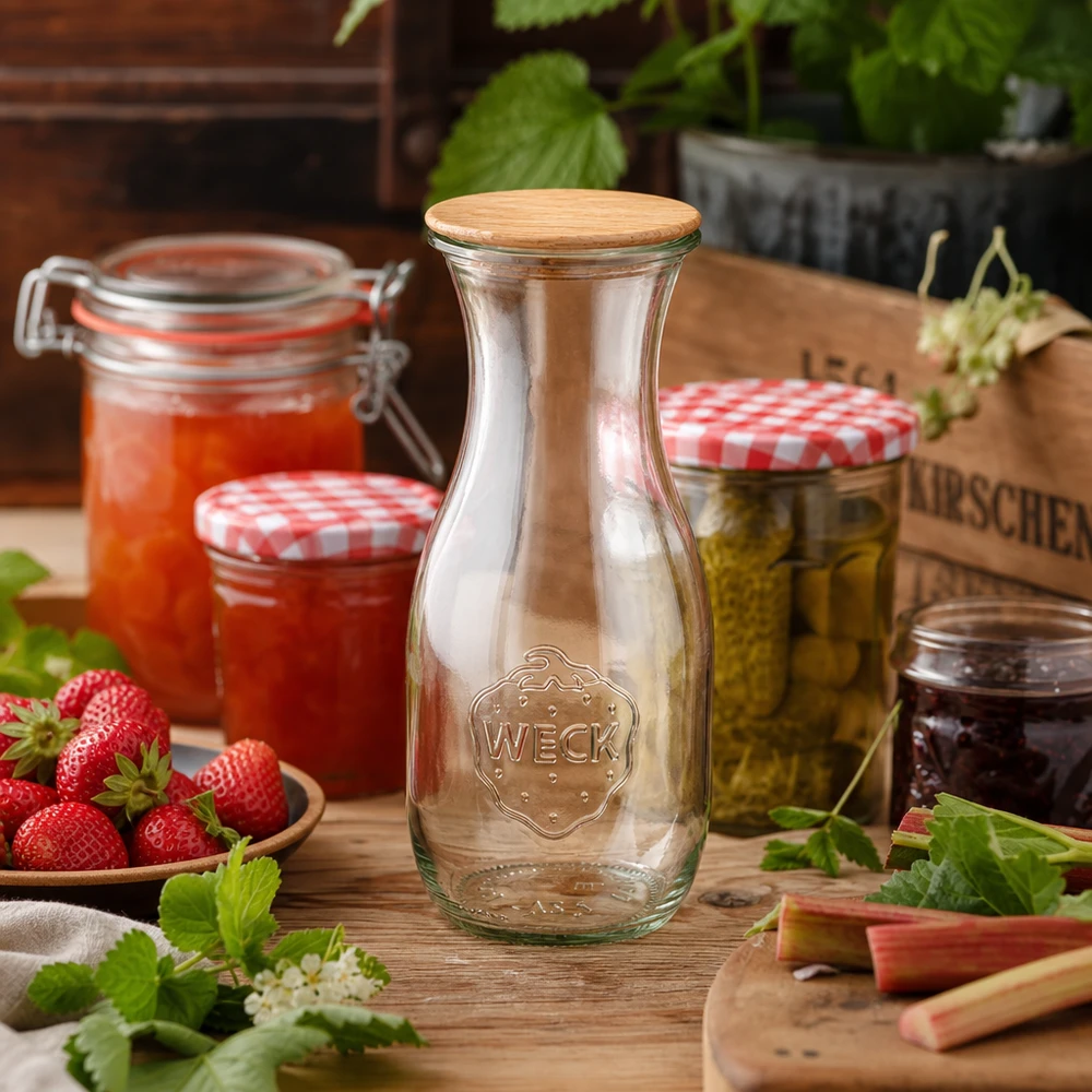 Botella de zumo WECK RR60 de 530ml con tapa de madera Botella de cristal WECK 530ml RR60 con tapa de madera en una cocina rústica junto a mermelada, fresas y tarros de conserva