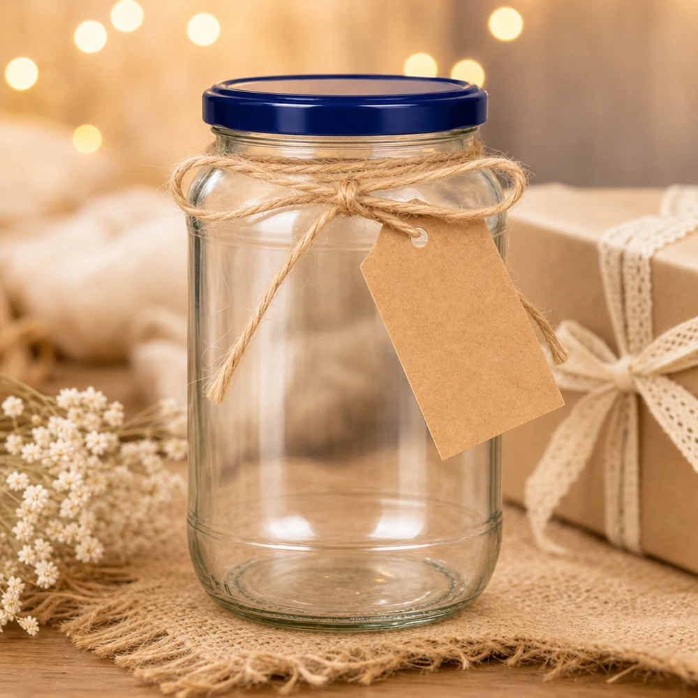 Tarro redondo de 1062ml BasicSeal tapa azul Embalaje de regalo UNiTWIST Etiqueta de papel kraft Cinta de yute Decoración