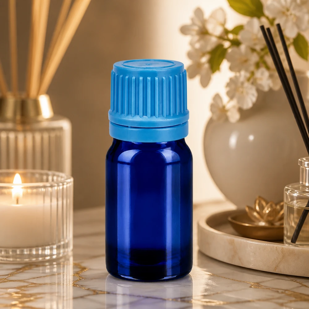 Frasco de 5 ml con tapón de rosca de 11 mm azul BlueLine UT18/5 Frasco de aromaterapia de 5 ml en elegante azul cobalto con tapón de seguridad para aceites esenciales