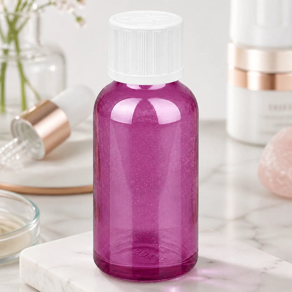 Frasco cuentagotas transparente de 30 ml en color morado con tapón blanco de seguridad para niños para un almacenamiento seguro