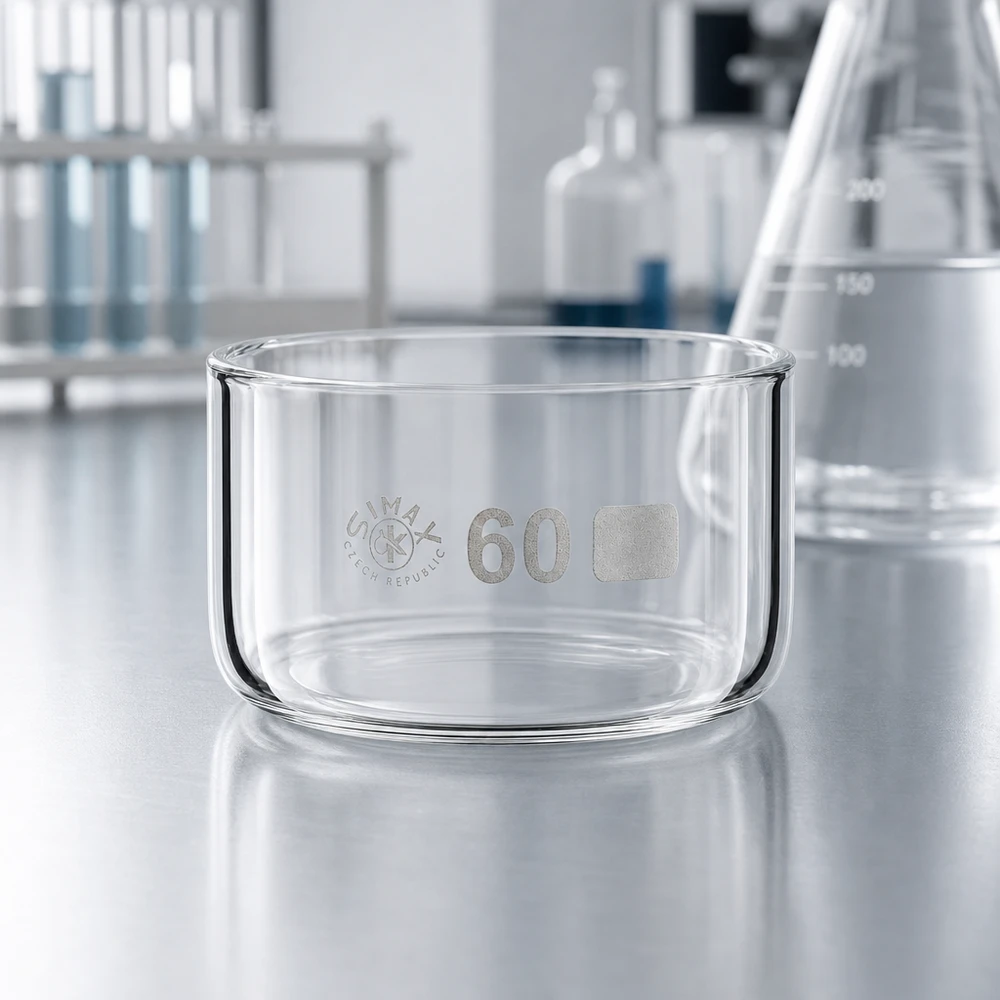 60ml cristalizador plato sin pico borosilicato ø60mm Recipiente de cristalización Simax vacío de 60 ml, de vidrio borosilicato, cilíndrico, de 60 mm de diámetro, sobre la mesa de trabajo del laboratorio