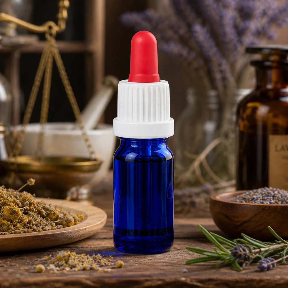 Frasco de pipeta azul de 5 ml con tapón de rosca blanco y punta de pipeta roja para aromaterapia