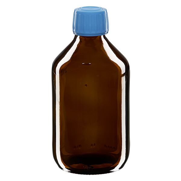 Frasco medicamento 250ml marrón, tapón azul con precinto ApoGlas Frasco medicamento 250ml marrón, tapón azul con precinto ApoGlas