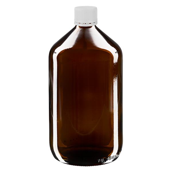 Frasco medicamento 1000ml marrón, tapón blanco con precinto de seguridad ApoGlas Frasco medicamento 1000ml marrón, tapón blanco con precinto de seguridad ApoGlas