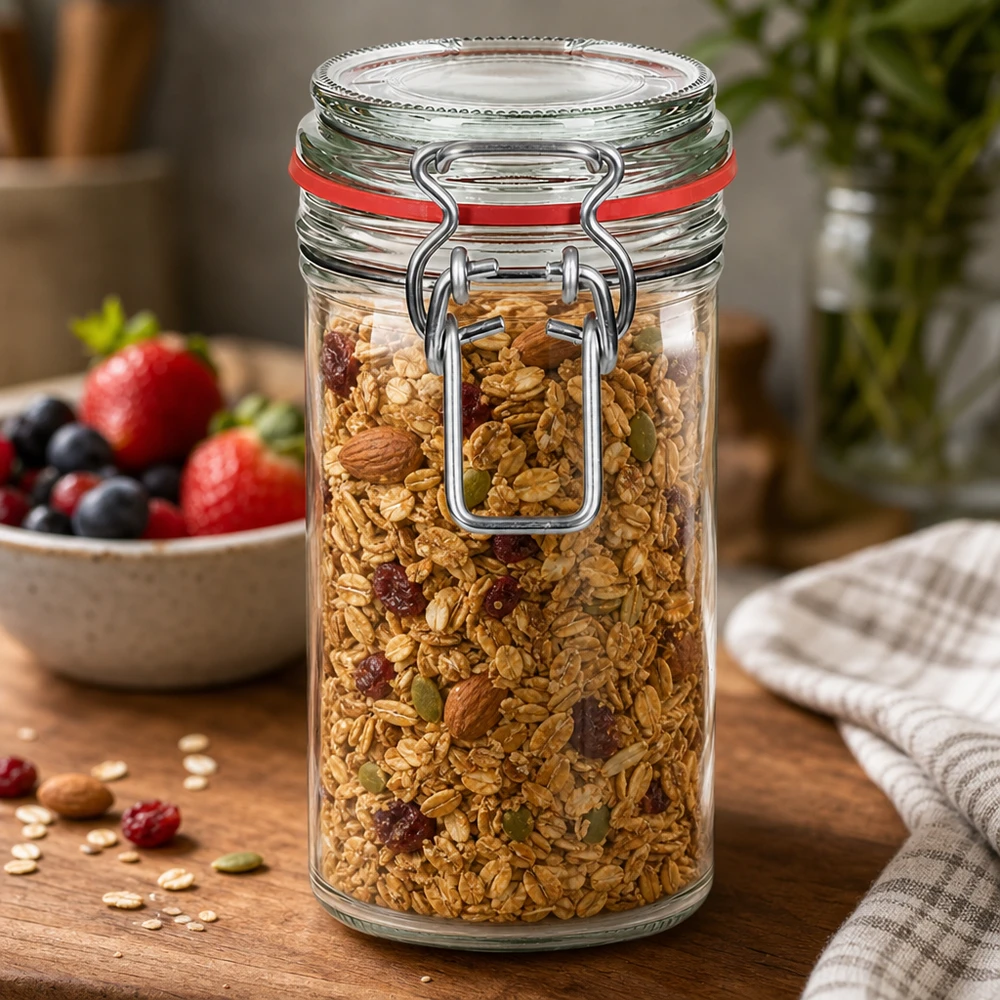 Tarro de 272 ml con tapa oscilante lleno de muesli y frutos secos sobre mesa de madera junto a bayas frescas