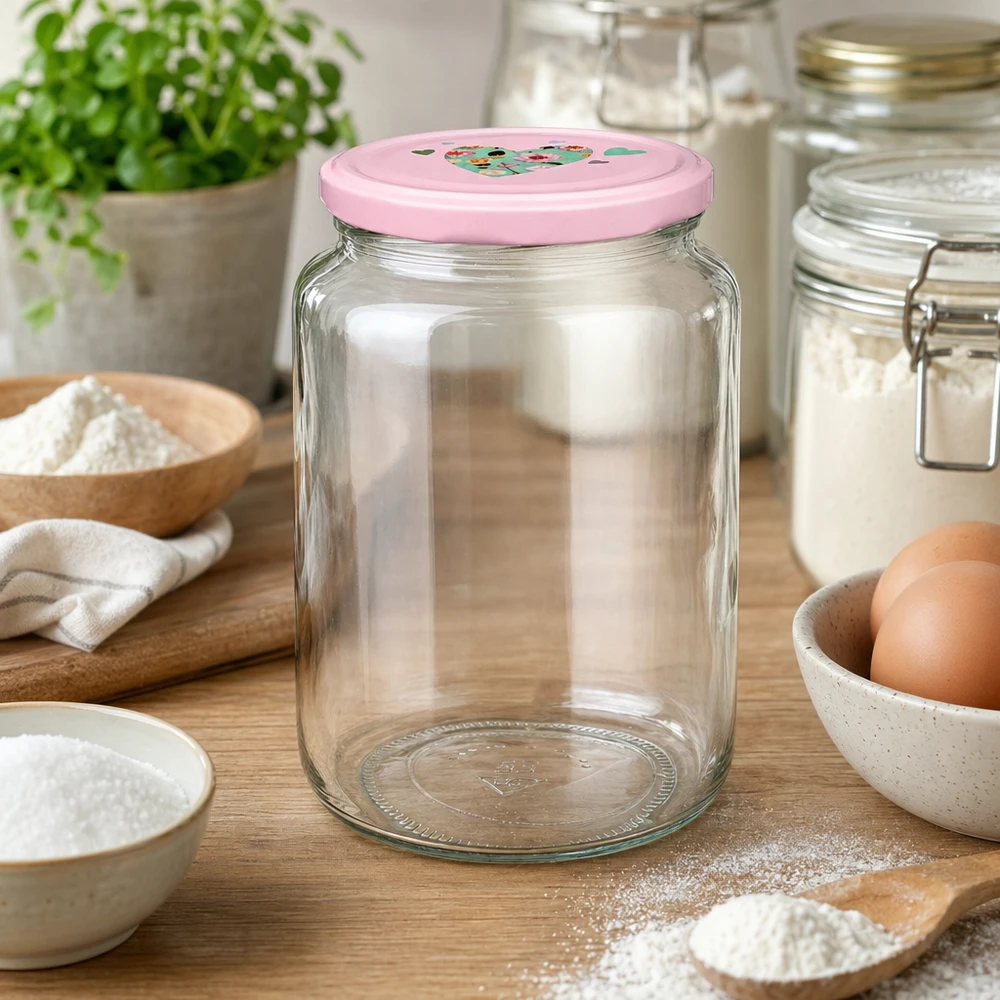 Tarro redondo 795ml + tapa BasicSeal rosa corazón UNiTWIST Leeres Rundglas 795ml mit rosa BasicSeal Deckel in Küchenszenerie zwischen Backzutaten Mehl und Eiern auf Holzbrett