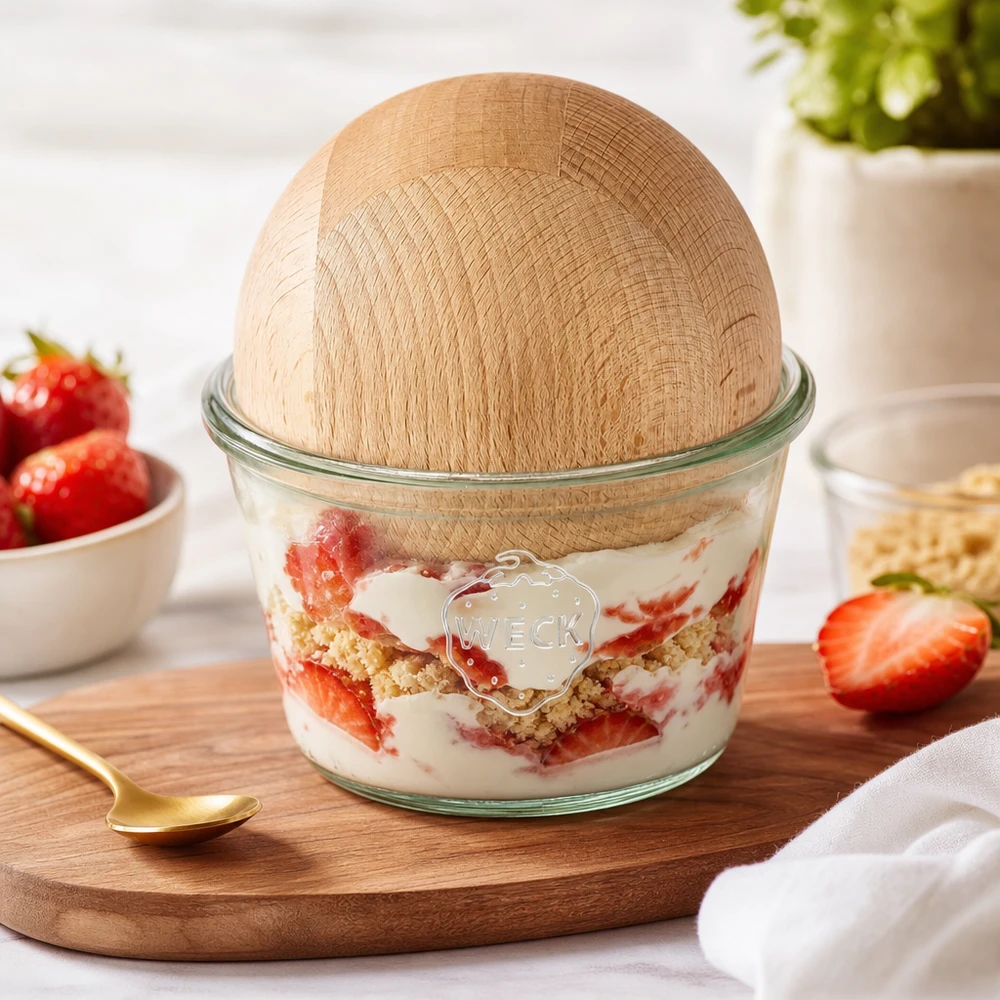 WECK RR100 tarro 370ml lleno de postre fresa Tapa de bola de haya Postre en capas Servir postre