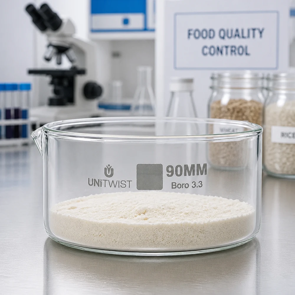 Cubeta de cristalización de 90 mm UNiTWIST Boro 3.3 con harina en polvo blanca. Laboratorio de control de calidad alimentaria