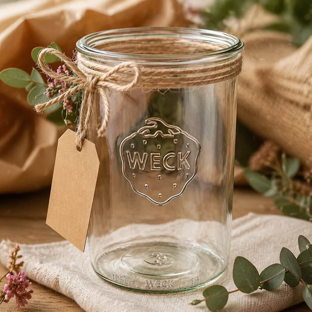 Tarro de conserva WECK RR100 de 1000 ml con cordón de yute y colgante decorado sobre una mesa de madera rústica