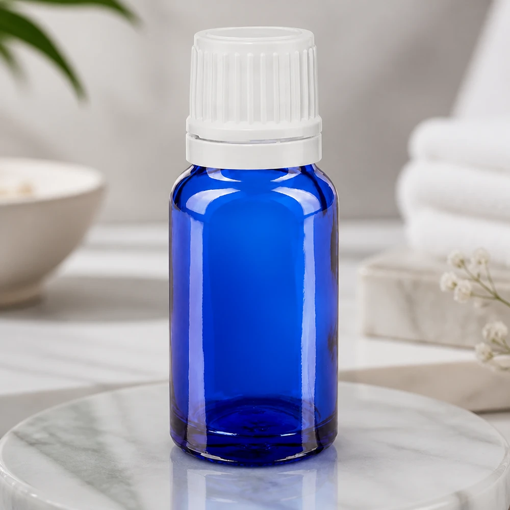 Frasco de farmacia de 10 ml de cristal azul con tapón de rosca blanco SV OV de 11 mm, protegido de la luz