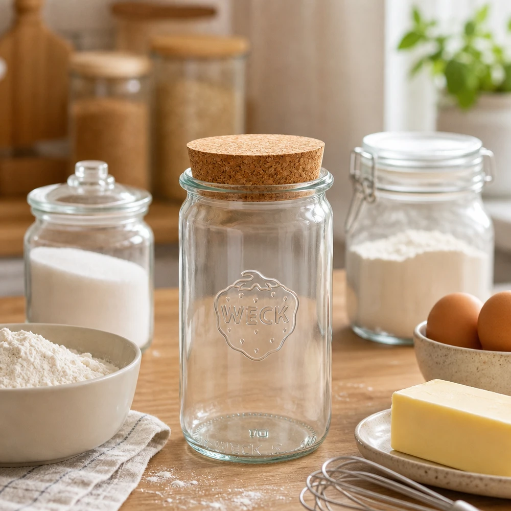 Tarro cilíndrico de 340ml WECK RR60 con corcho natural WECK tarro de conservas 340ml RR60 con corcho entre los ingredientes para hornear harina mantequilla huevos como un práctico tarro de almacenamiento de cocina