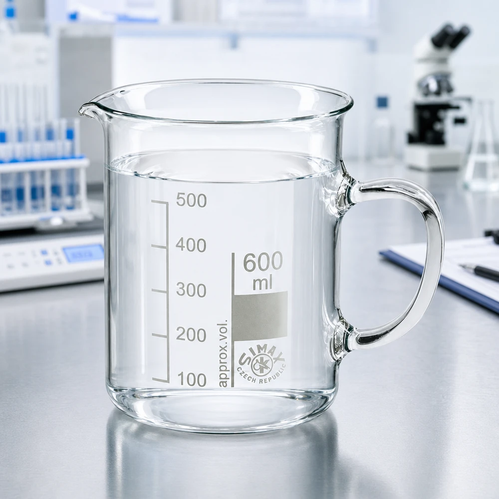 Vaso de precipitados transparente de 600 ml con asa, de la marca Simax (República Checa), sobre una mesa de trabajo de laboratorio con un microscopio