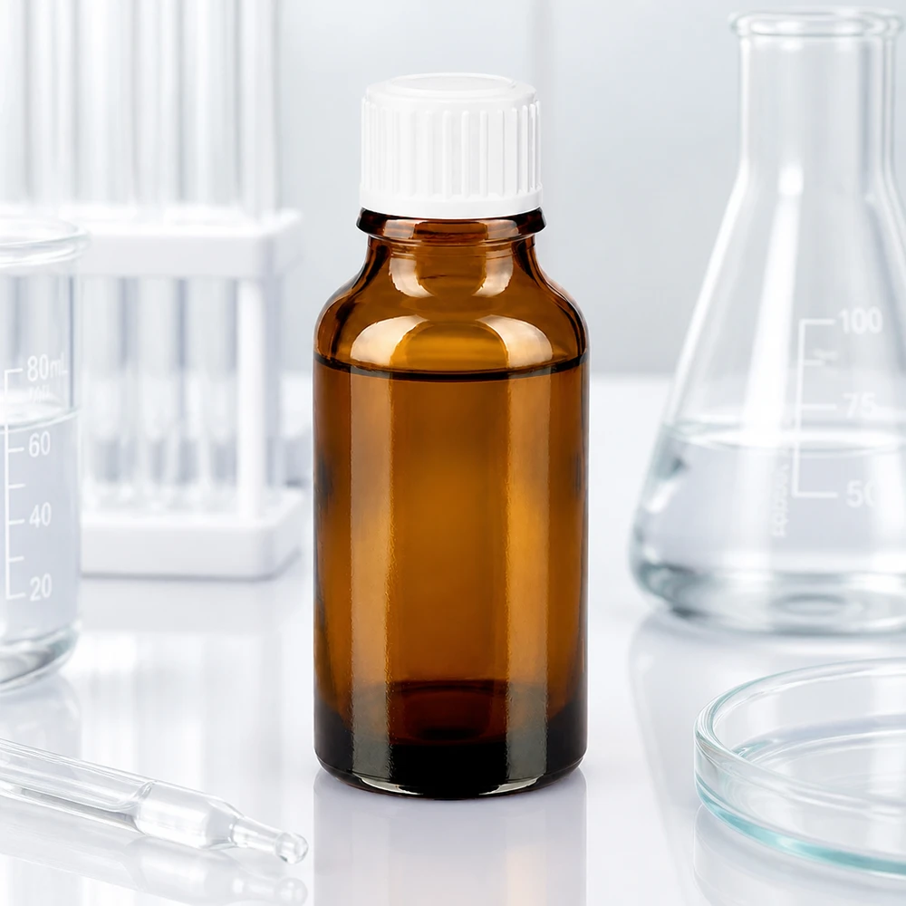 Frasco de farmacia de vidrio ámbar de 20 ml con tapón blanco SV STD de 11 mm, en el laboratorio, entre un matraz Erlenmeyer y un vaso de precipitados