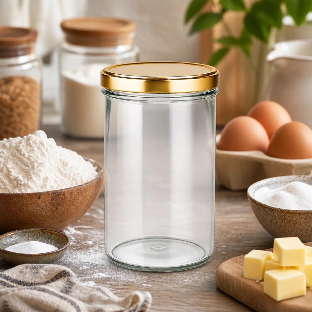 277ml tarro de cristal con tapa dorada en la cocina con ingredientes para hornear harina huevos mantequilla como tarro de almacenamiento para hornear