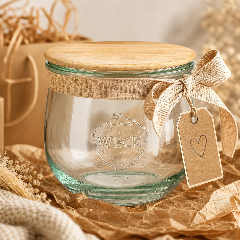 Tarro tulipa 370ml WECK RR80 con tapa de madera WECK RR80 370ml tarro tulipán como envase de regalo con lazo de yute y etiqueta en materiales decorativos naturales