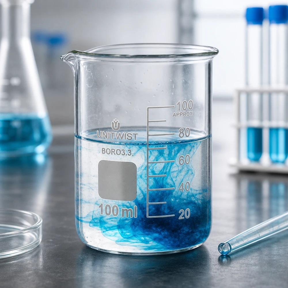Vaso 100 ml borosilicato, molde bajo UNiTWIST Vaso de precipitados transparente de 100 ml con un líquido azul difuso sobre una superficie metálica