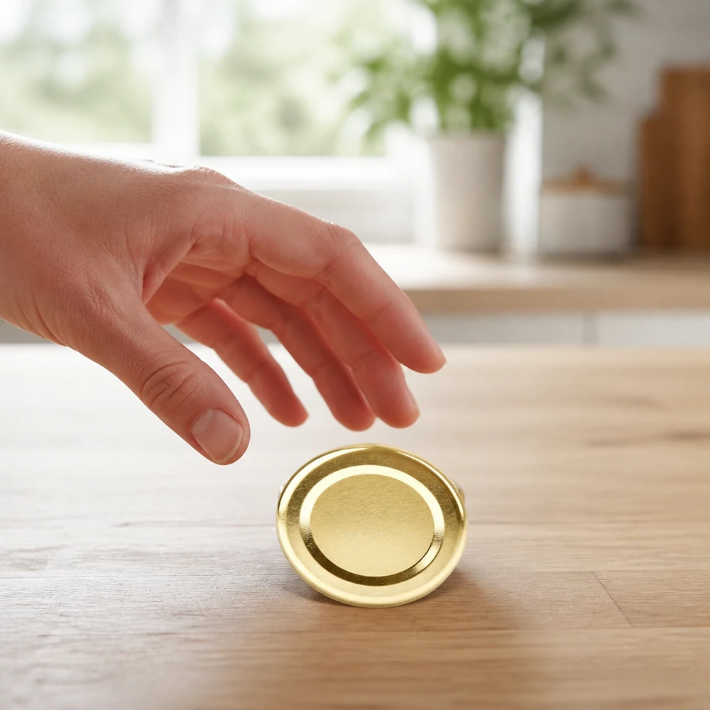 Tapa BasicSeal de 48 mm, color dorado (TO48) UNiTWIST Una mano coge una tapa BasicSeal dorada TO48 de 48 mm UniTwist sobre una mesa de madera