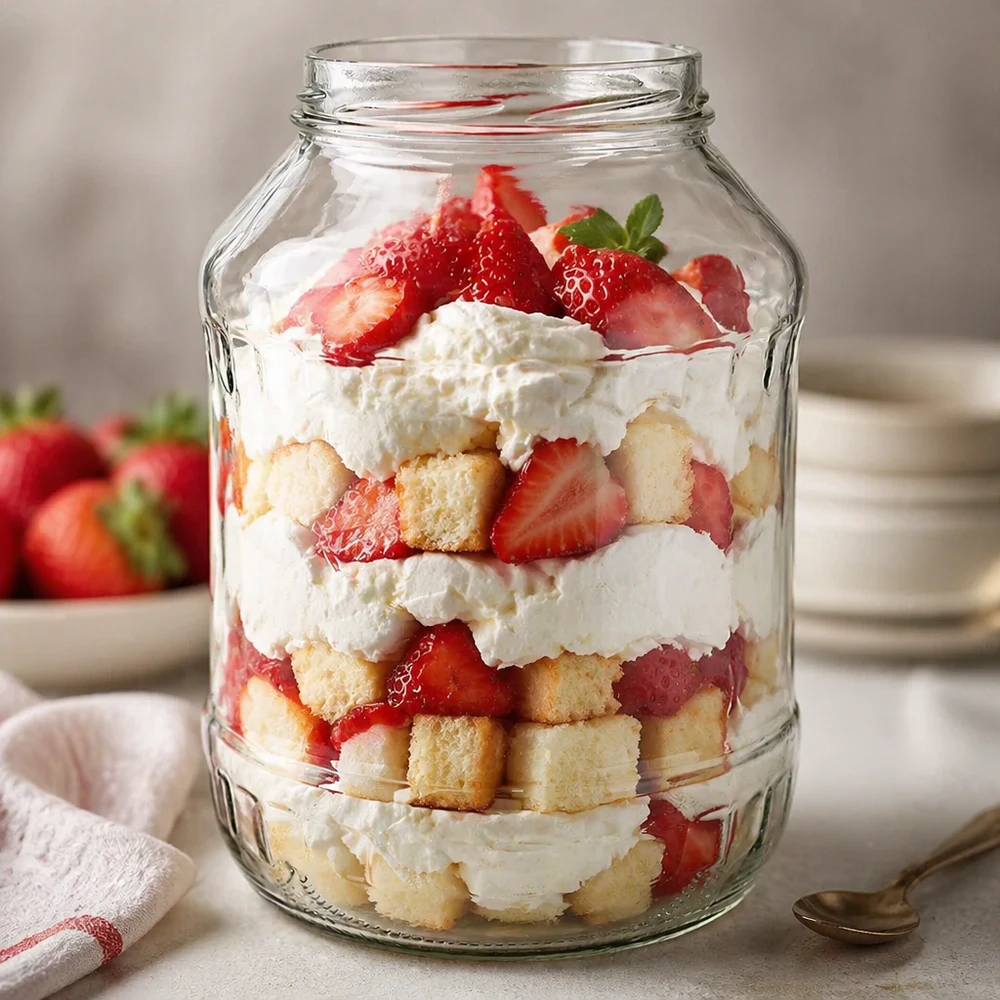 Vaso redondo de 2650ml sin tapa (TO100) UNiTWIST UNiTWIST Runda2650 vasos 2650ml con postre de capas de fresas, nata y trozos de tarta TO100 vaso de postre con rosca