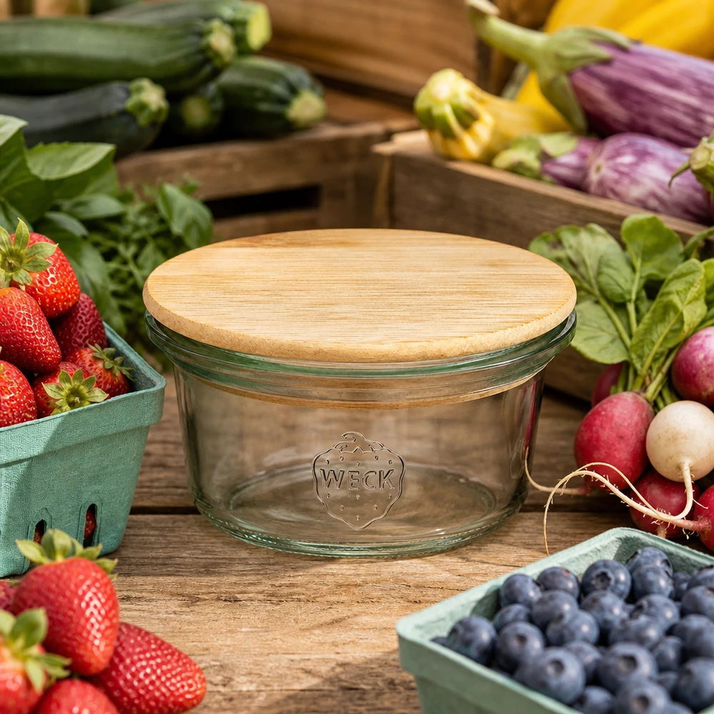 WECK mini mason jar 50ml con tapa de bambú rodeado de fruta y verdura fresca en una mesa de madera estilo granja