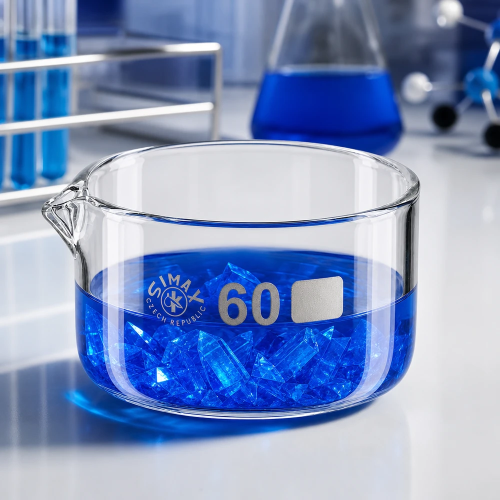60ml cristalizador con pico de borosilicato ø60mm Recipiente de cristalización Simax de 60 ml, de vidrio borosilicato, cristales azules, recipiente de laboratorio cilíndrico, plano y transparente