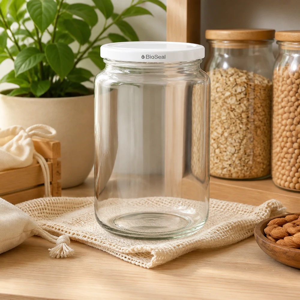 UNiTWIST Runda382 mit weissem Deckel TO66 BioSeal Tarro de conserva UNiTWIST Runda382 en ambiente de cocina - tarro de cristal vacío con tapa BioSeal blanca junto a tarros de conserva