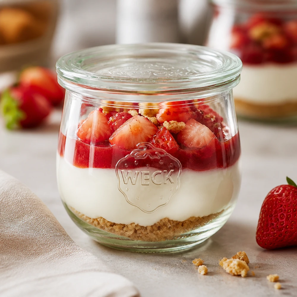 Tarro tulipa 370ml con tapa de cristal WECK RR80 WECK tarro tulipán 370ml RR80 con capas de postre de fresa y base de galleta servido como postre en tarro