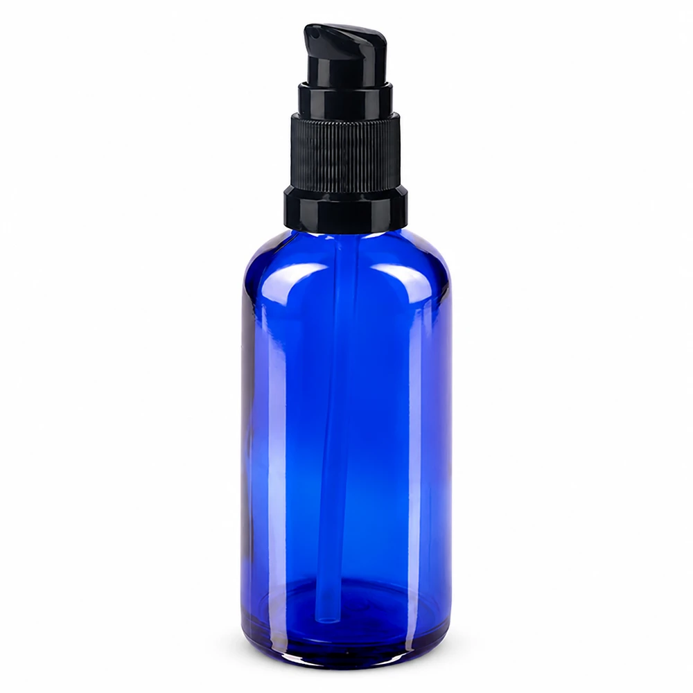 Botella de farmacia azul 50ml tapón de rosca negro estándar Frasco de cristal azul de 50 ml con dosificador negro para farmacias y cosmética