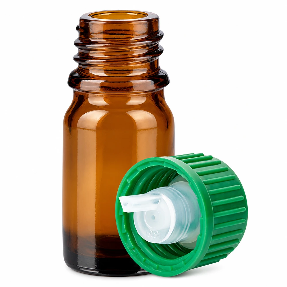 Frasco cuentagotas de 5 ml 0,8 mm verde cierre estándar BrownLine UT18/5 Frasco de vidrio marrón de 5 ml con cuentagotas de 0,8 mm y tapón de rosca verde para aromaterapia