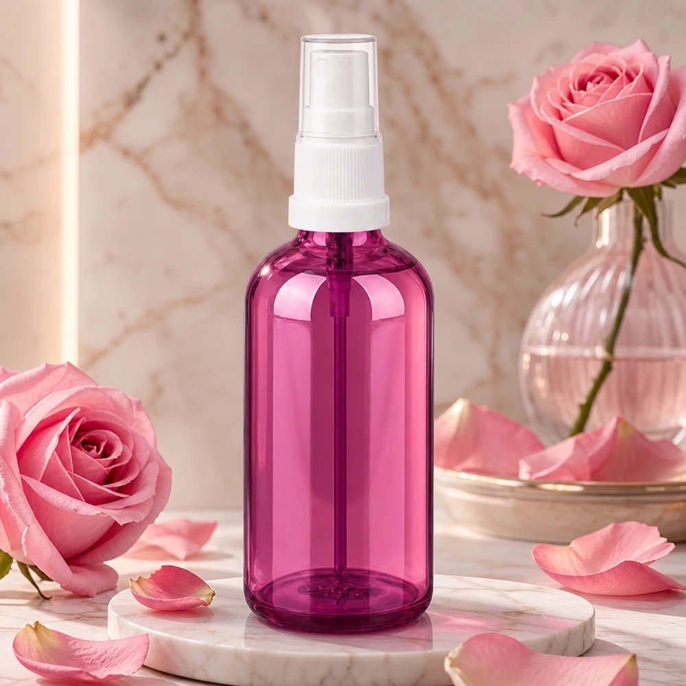 Frasco cuentagotas de 100 ml blanco/transparente Standard PurpleLine UT18/100 Botella pulverizadora de 100 ml con cabezal blanco y elegante aspecto de cristal morado