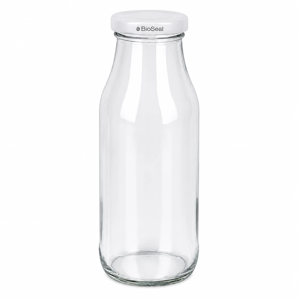 Botella de 263ml con tapa blanca UNiTWIST BioSeal Elegante UNiTWIST Glasflasche 263ml mit weißem BioSeal Deckel für Küche und Vorratshaltung von Glas-Fabrik.at