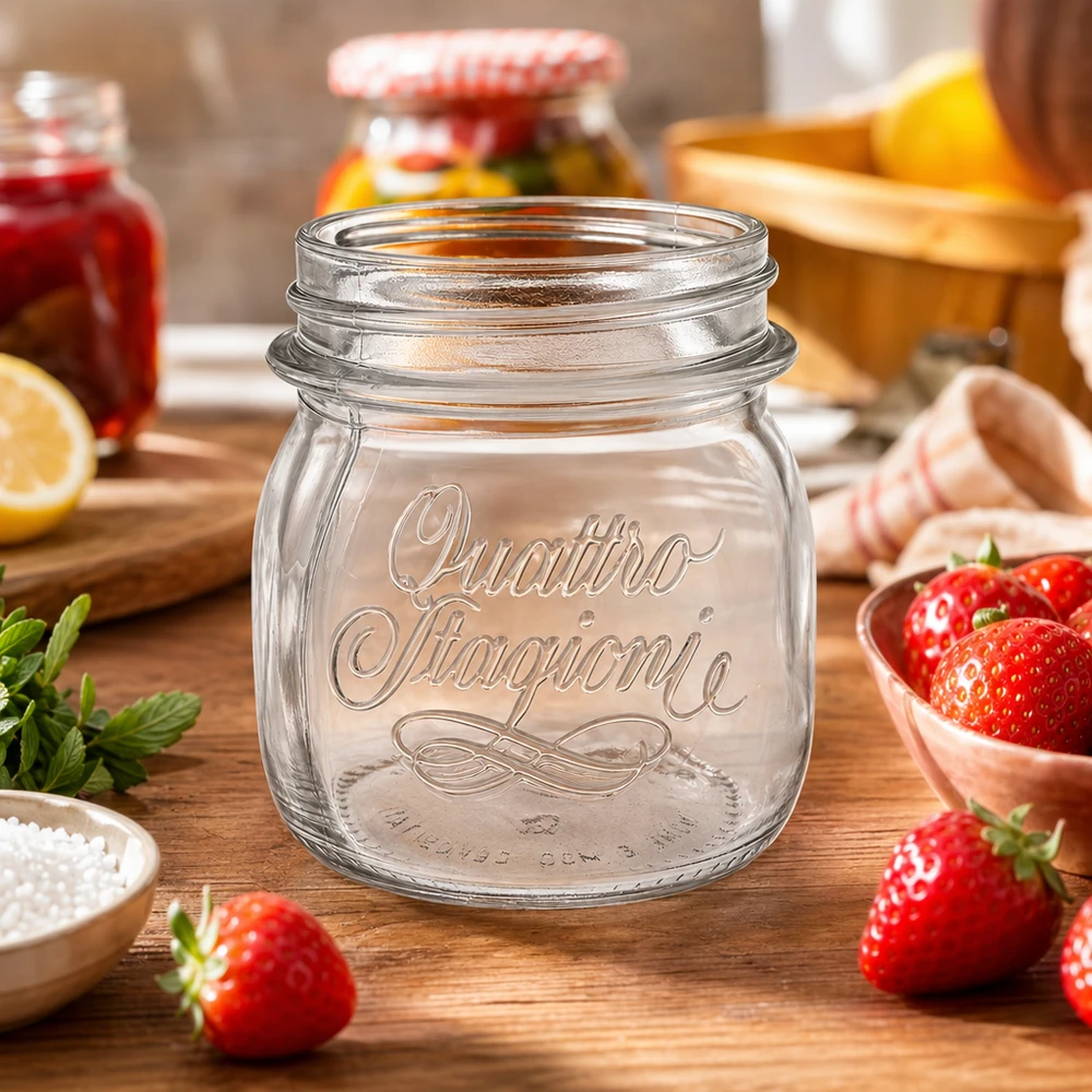 Vaso redondo de 250ml "Quattro Stagioni" QS70mm Tarro de conserva Quattro Stagioni de 250 ml sobre una mesa de madera con fresas frescas y utensilios de cocina para la conserva
