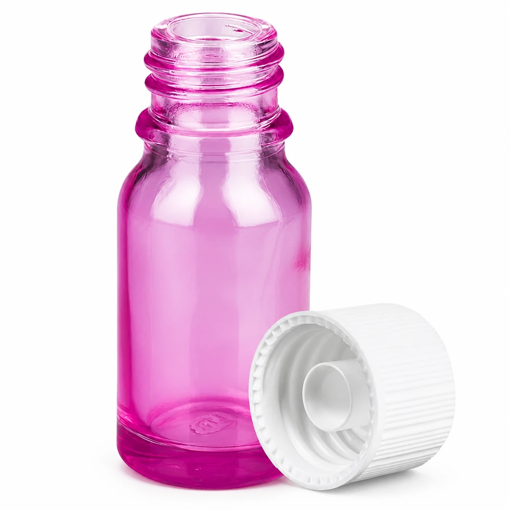 Pequeño frasco de vidrio violeta de 10 ml con tapón blanco ideal para aromaterapia y cosmética natural
