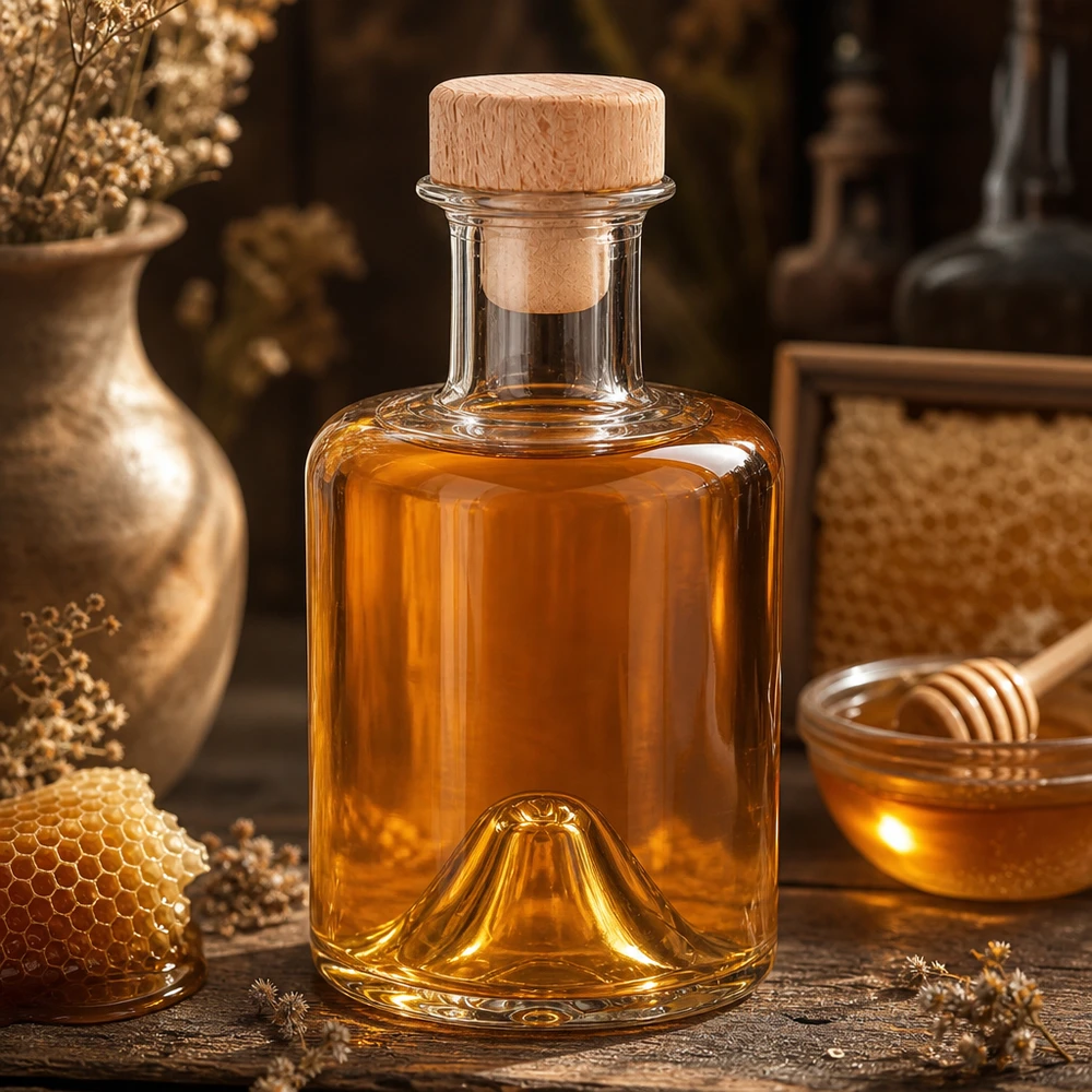 Botella de farmacia de 200 ml «Sofia» con tapón de corcho con asa de madera UNiTWIST® Botella de cristal Sofía de 200 ml con tapón de madera llena de miel en cocina rústica junto a panal y tarro de miel