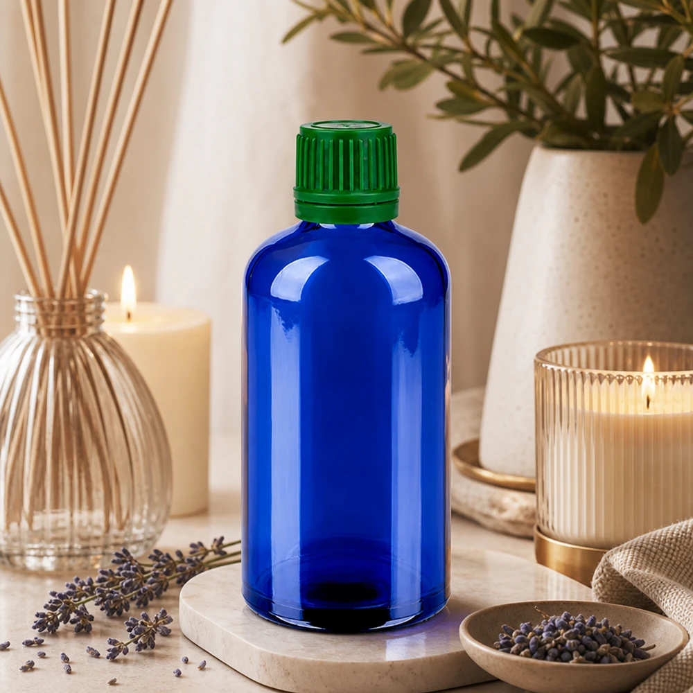Frasco de vidrio violeta de 100 ml con protección UV y tapón verde para sustancias fotosensibles