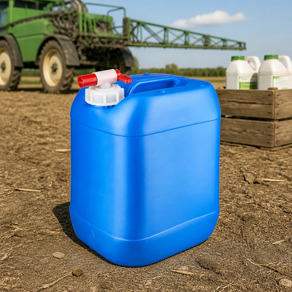 Bidón azul de 20 litros con grifo de salida sobre un terreno de cultivo, delante de un vehículo pulverizador agrícola