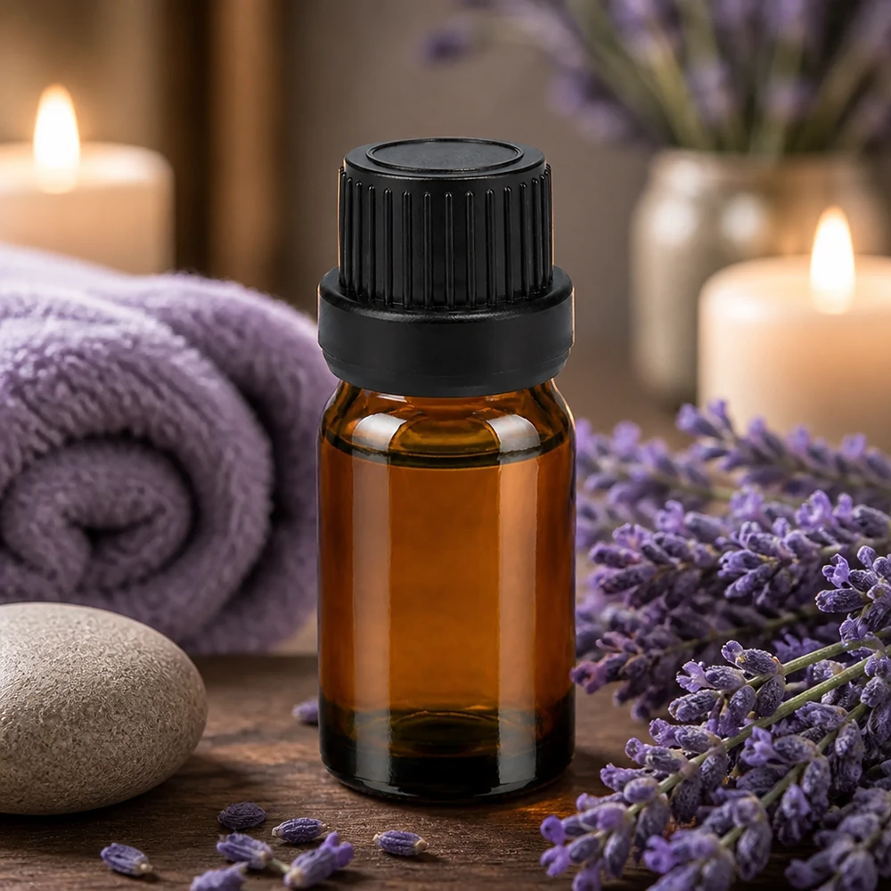 Frasco de farmacia de 5 ml de vidrio ámbar con protección UV y tapón OV negro para sustancias fotosensibles