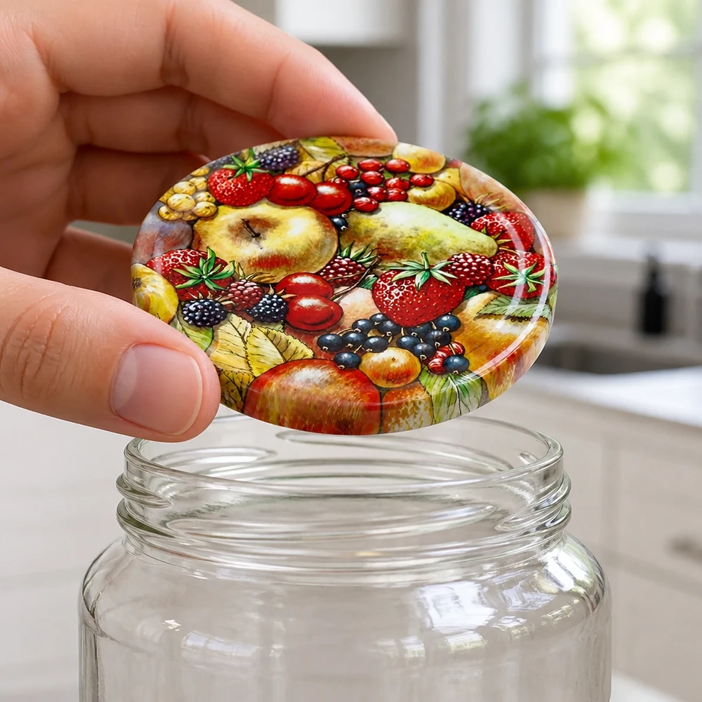 Tapa BasicSeal de 82 mm con diseño de frutas (TO82) UNiTWIST Tapa de conservas de 82 mm con cierre de rosca, con decoración de frutas (fresas, cerezas y moras) sobre un tarro vacío TO82