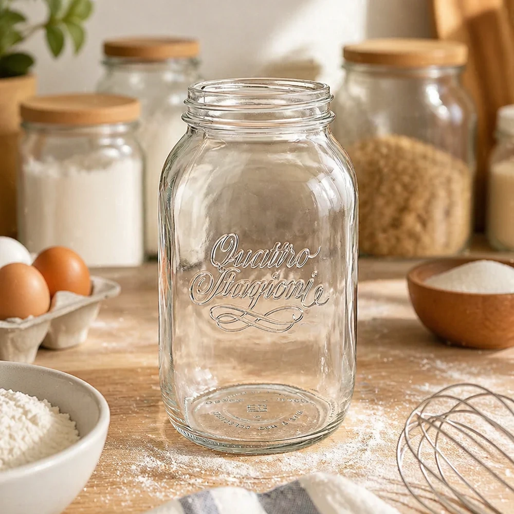 Vaso redondo 1500ml "Quattro Stagioni" QS86mm Tarro doméstico Quattro Stagioni de 1500 ml con tapón de rosca sobre mesa de madera con ingredientes de repostería y utensilios de cocina