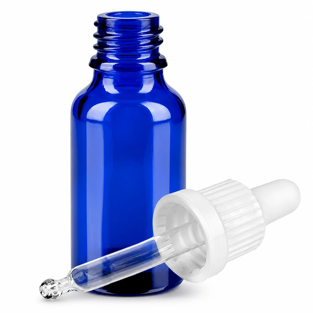 Frasco pipeta 20ml cierre inviolable blanco BlueLine UT18/20 Frasco de vidrio azul de 20 ml con pipeta cuentagotas para aceites esenciales y cosméticos