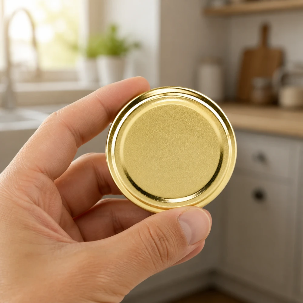 Una mano sostiene una tapa dorada UniTwist BasicSeal TO100 de 100 mm en una cocina moderna