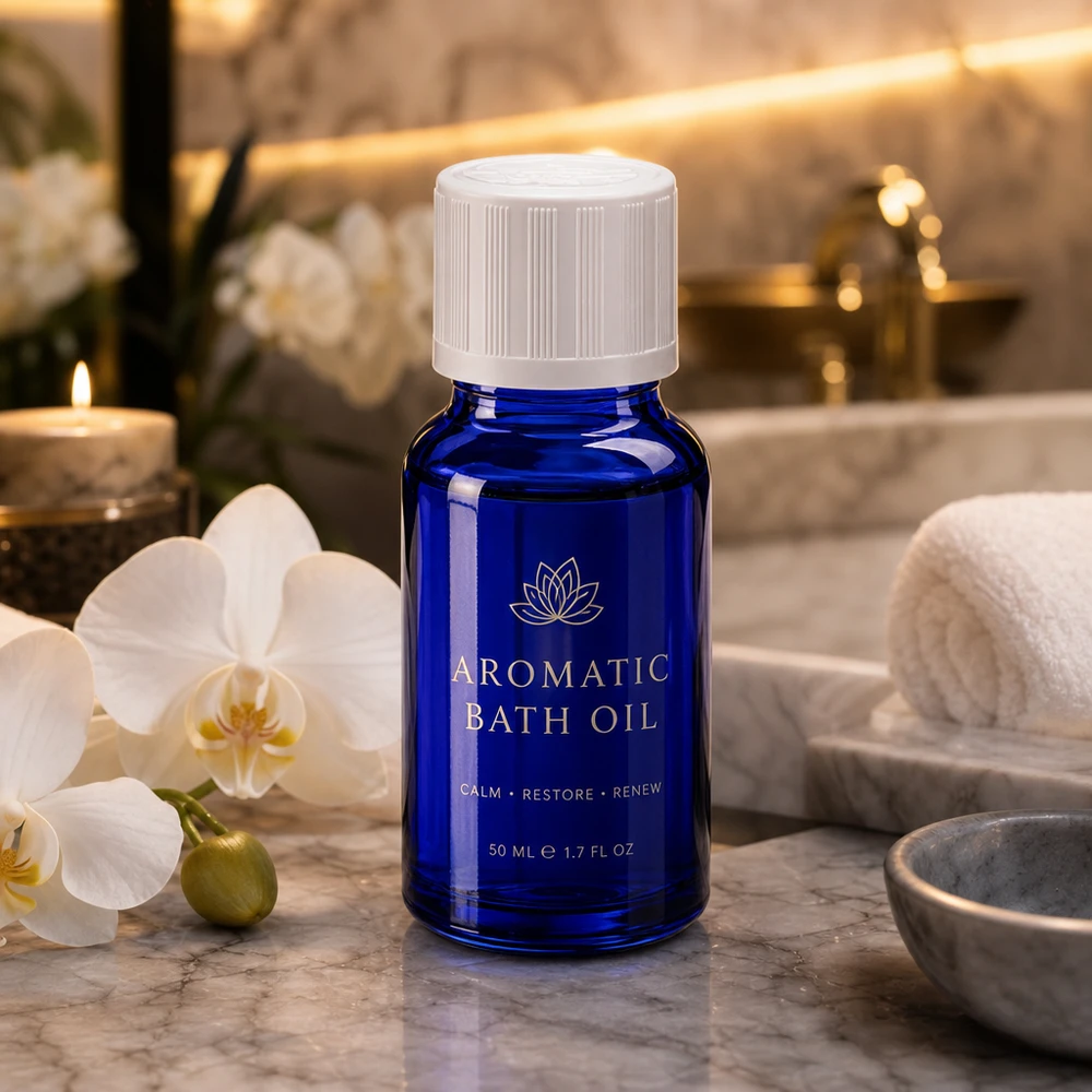 Frasco azul de 50 ml de aceite aromático con tapón de seguridad para niños de color blanco, sobre una superficie de mármol junto a una orquídea