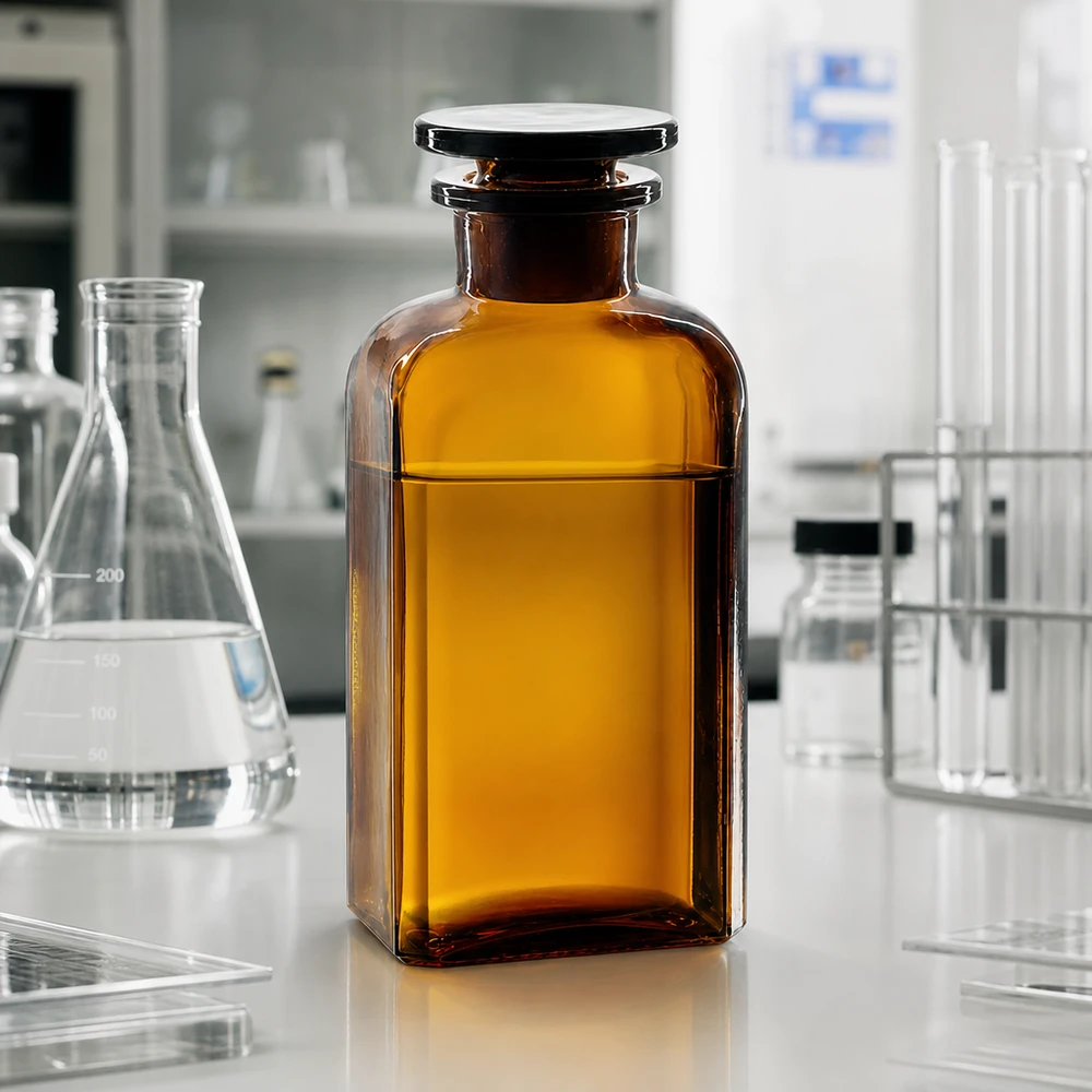 Frasco de laboratorio de vidrio ámbar, cuadrado, de 250 ml, con tapón esmerilado; conservación a prueba de la luz