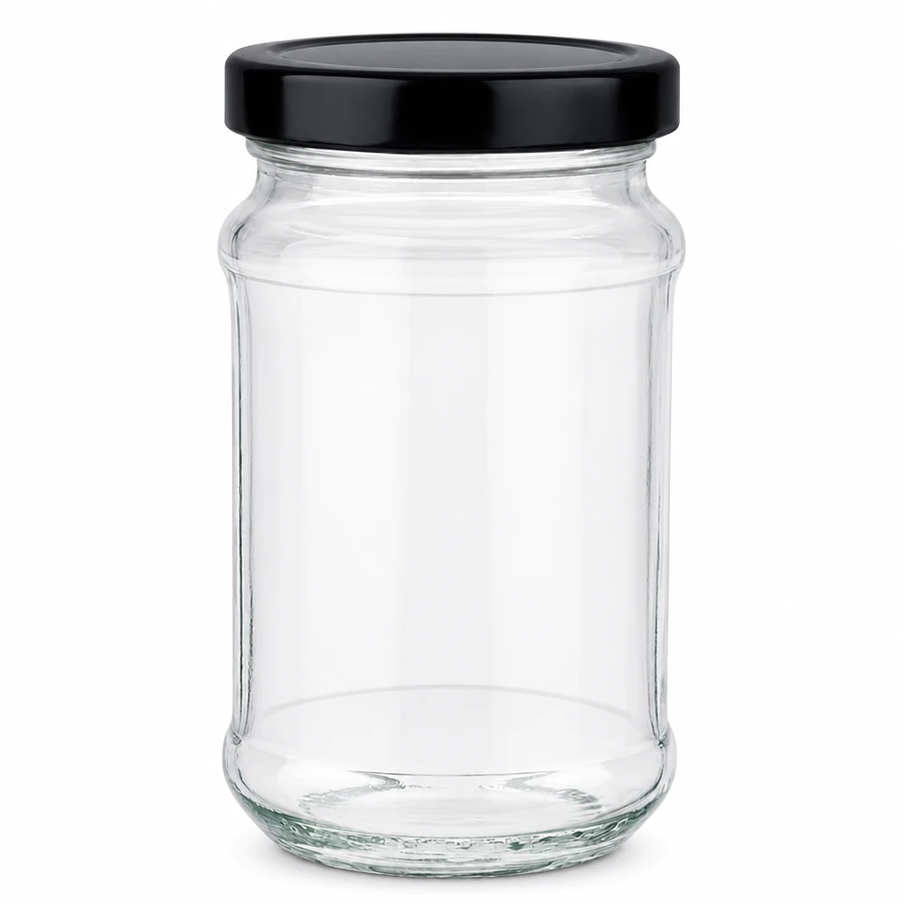 Tarro redondo de 390 ml con tapa negra BasicSeal UNiTWIST - tarro de cristal vacío con tapón de rosca