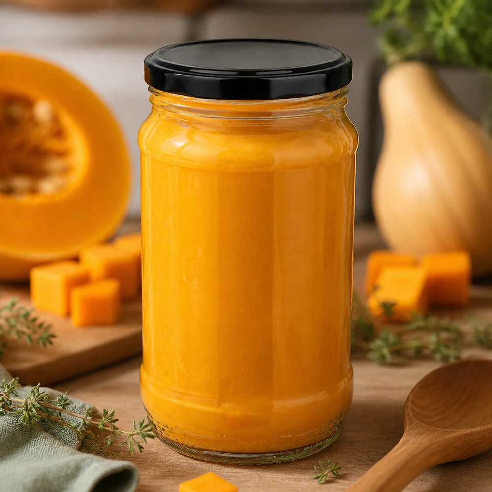 Tarro redondo de cristal UNiTWIST de 370 ml con tapa BasicSeal negra, lleno de puré de calabaza y rodeado de calabaza butternut fresca
