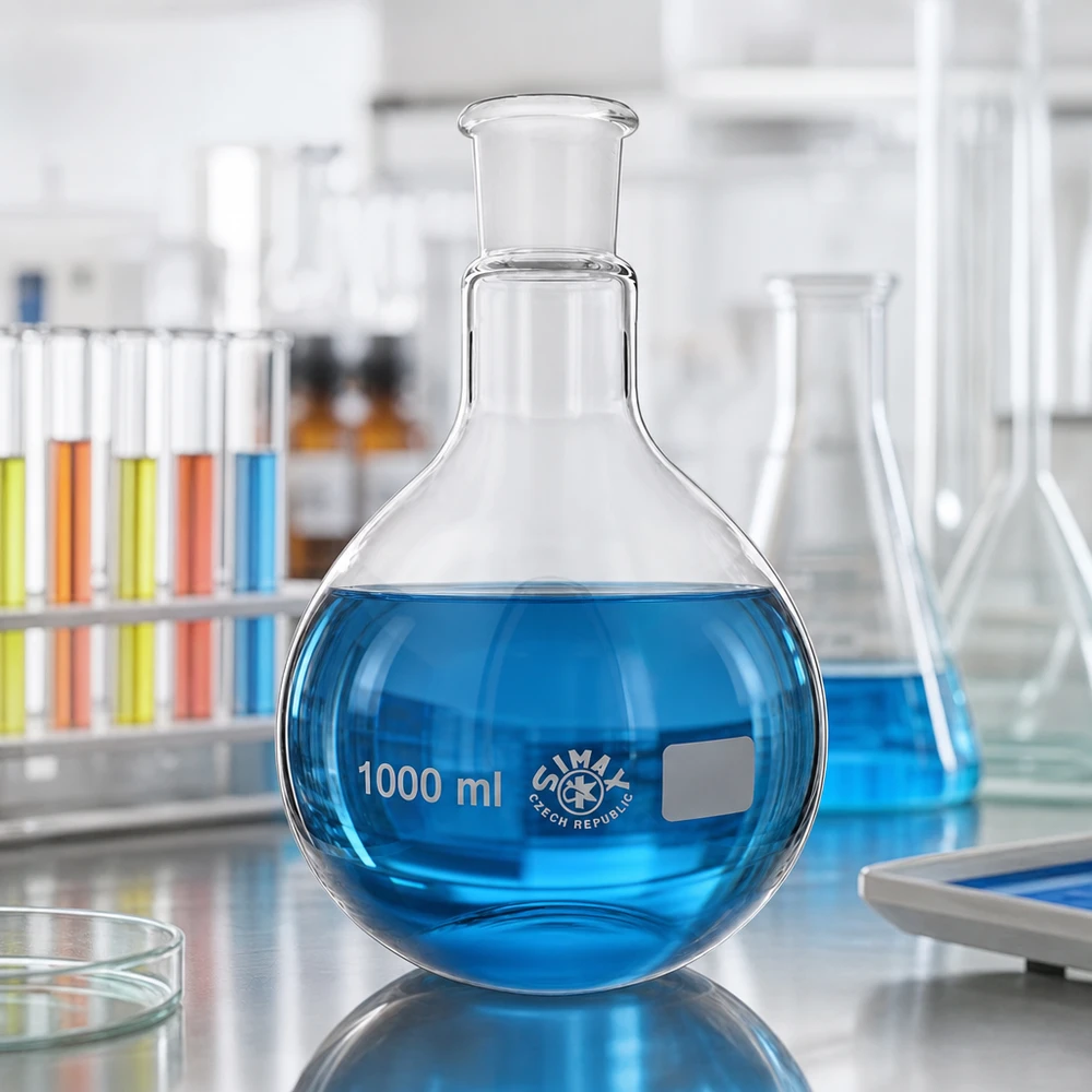 Matraz Erlenmeyer 1000ml con líquido azul y junta esmerilada estándar de precisión 29/32 para laboratorio de química