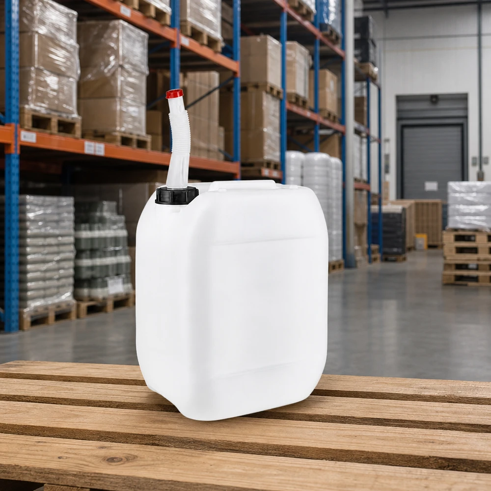 Bidón rectangular blanco de 10 litros con tubo de salida flexible, sobre palé de madera, en el almacén
