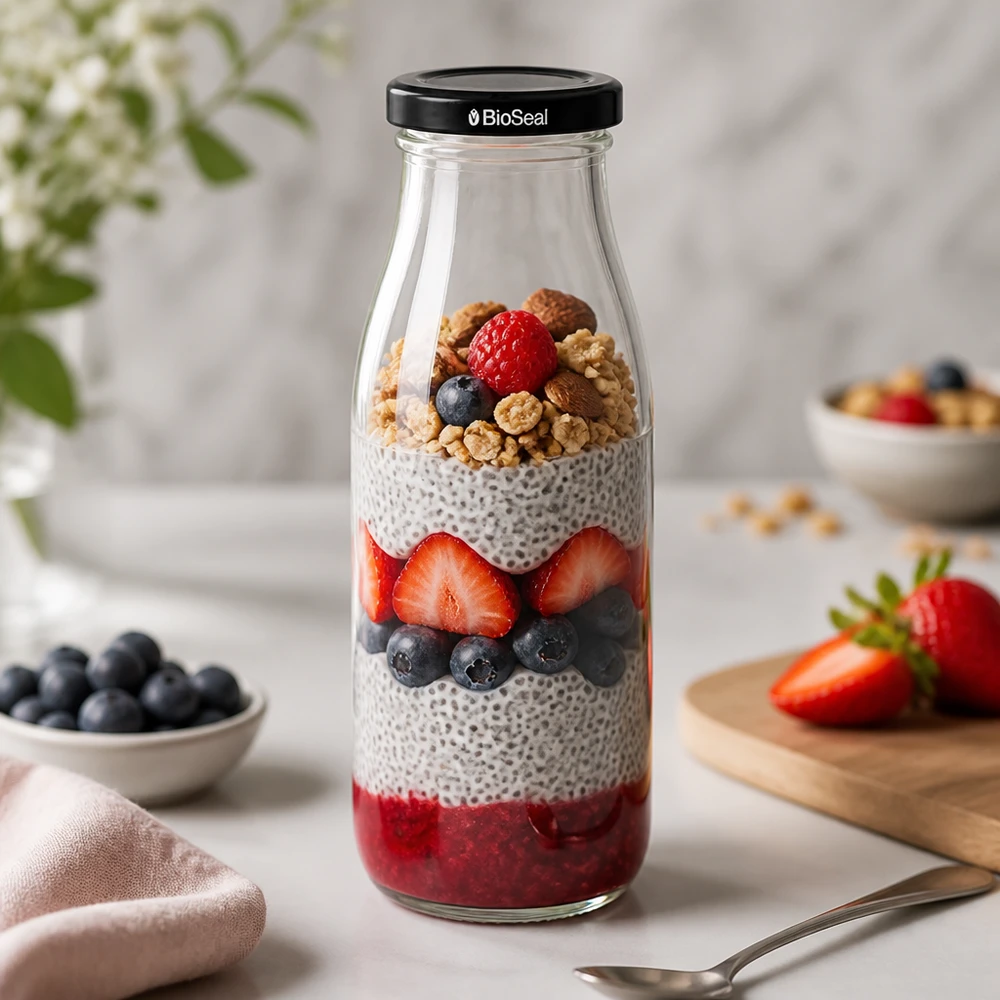 Botella de vidrio de 500 ml + tapa BioSeal negra UNiTWIST Botella de cristal de 500 ml rellena de postre con capas de pudding de chía - frutos rojos y tapa BioSeal para comidas sanas