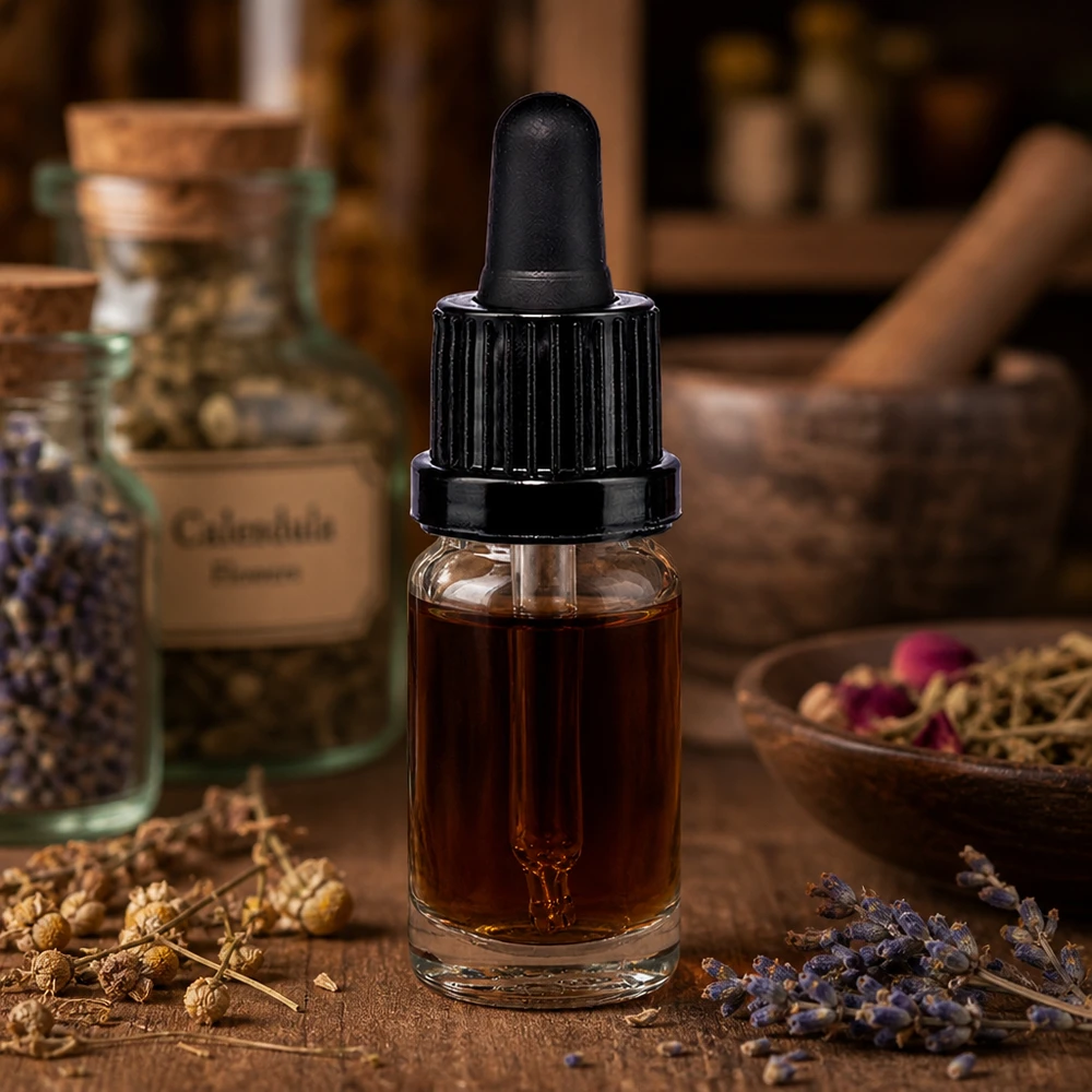 Frasco transparente con pipeta de 10 ml y gotero negro, junto a frascos de caléndula y lavanda