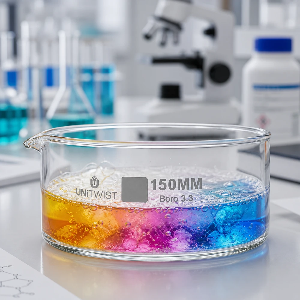 Cubeta de cristalización de 150 mm UNiTWIST Boro 3.3 con reacción cromática amarilla, rosa y azul en el laboratorio